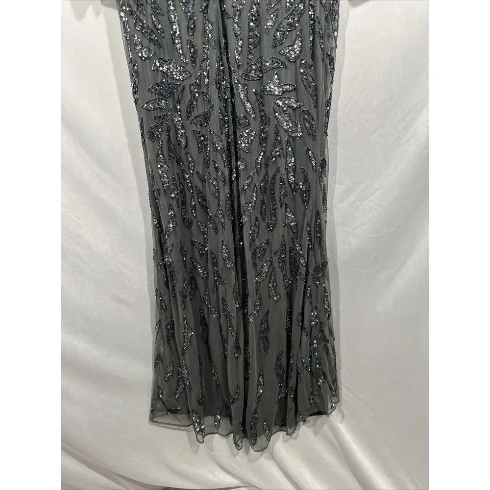 NWT $598 Mac Duggal [‎ 8 ] Beaded Long Sleeve Evening Gown 5124 Charcoal